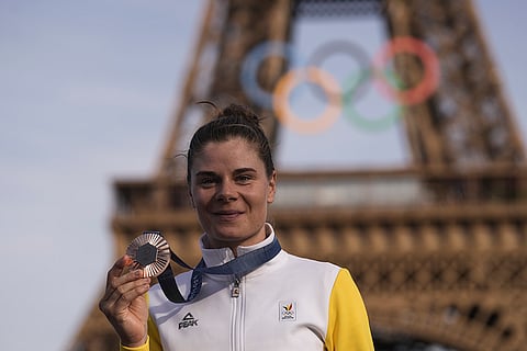 Women's road cycling medal ceremony: Bronze medalist Lotte Kopecky, of Belgium